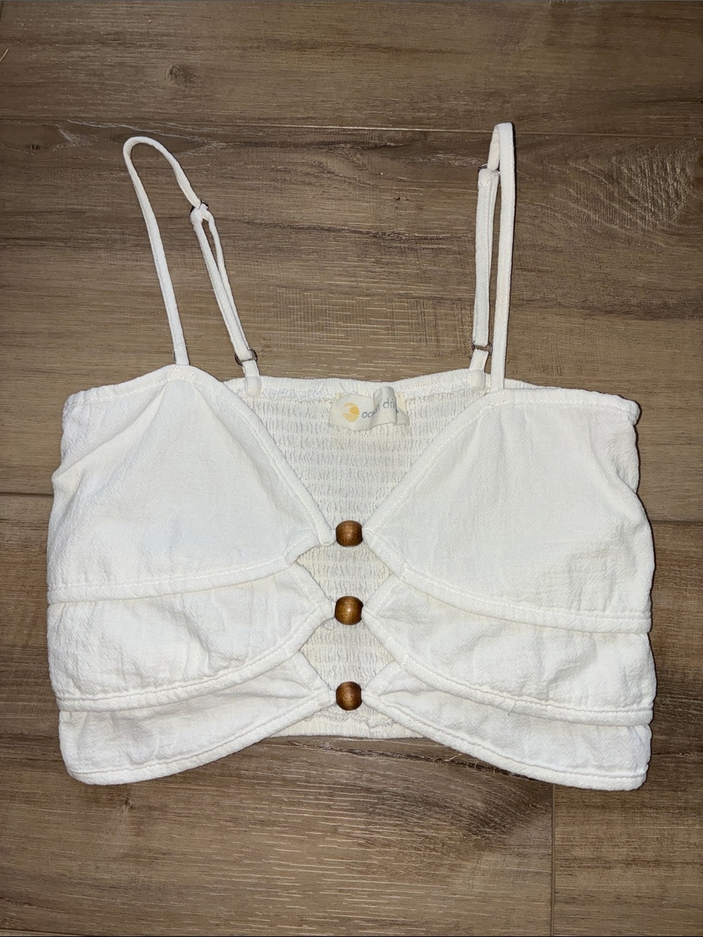 Ocean Drive Women’s White Peek a Boo BOHO Crop Top with Brown Wood Beads Size M